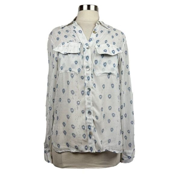 Jen's Pirate Booty Shirt S Women White Blue Print Long Sleeve Button Front Rayon - Picture 1 of 8